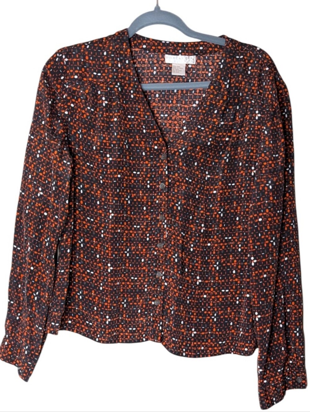 Vintage Doncaster Silk Abstract ditzy floral print V-Neck Blouse red black 14